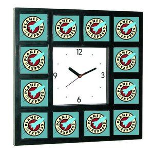 Futurama Planet Express Clock promo around the Clock with 12 surrounding images